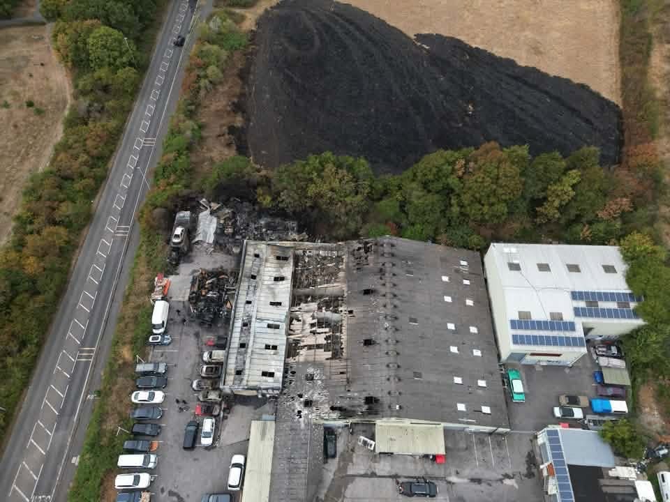 Aerial view of fire damage at Locking Farm Industrial Estate